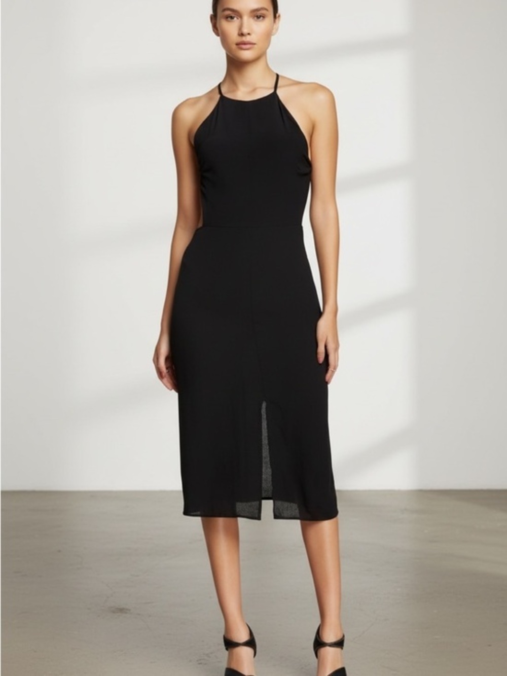Black Halter Midi Dress - Elegant Evening Dress - Picture 1 of 4